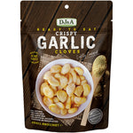 Pack of 12 DJ&A Crispy Garlic Cloves 45g bags featuring whole roasted garlic cloves on the packaging.