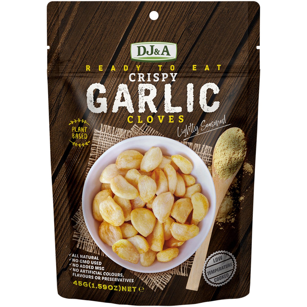 Pack of 12 DJ&A Crispy Garlic Cloves 45g bags featuring whole roasted garlic cloves on the packaging.