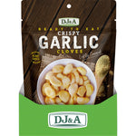 Back of a 45g DJ&A Crispy Garlic Cloves bag showing nutrition facts, ingredients, and product benefits.
