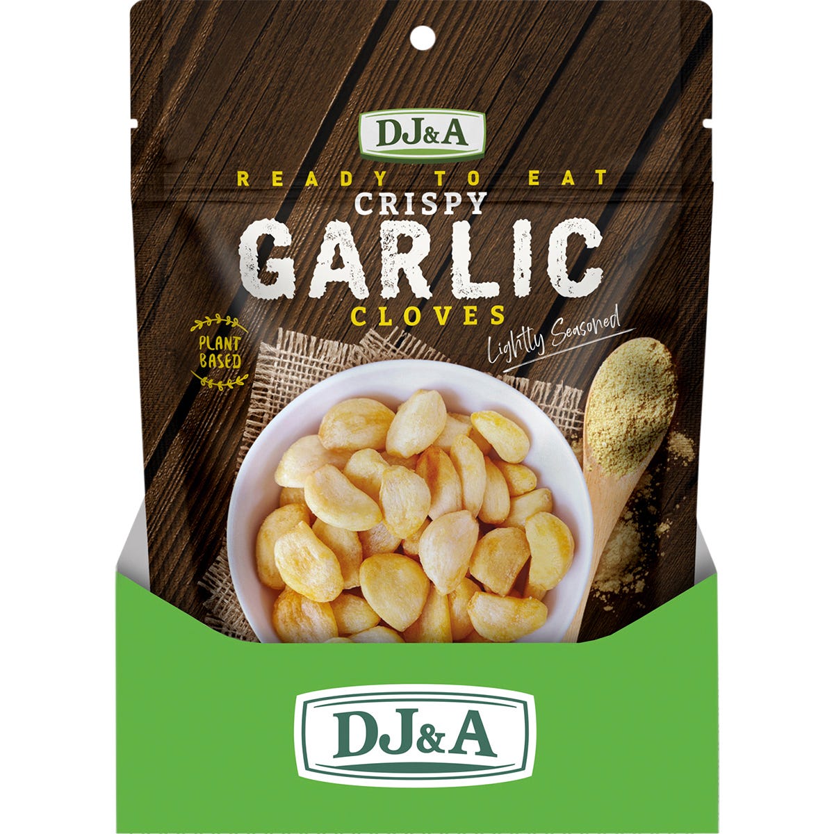 Back of a 45g DJ&A Crispy Garlic Cloves bag showing nutrition facts, ingredients, and product benefits.
