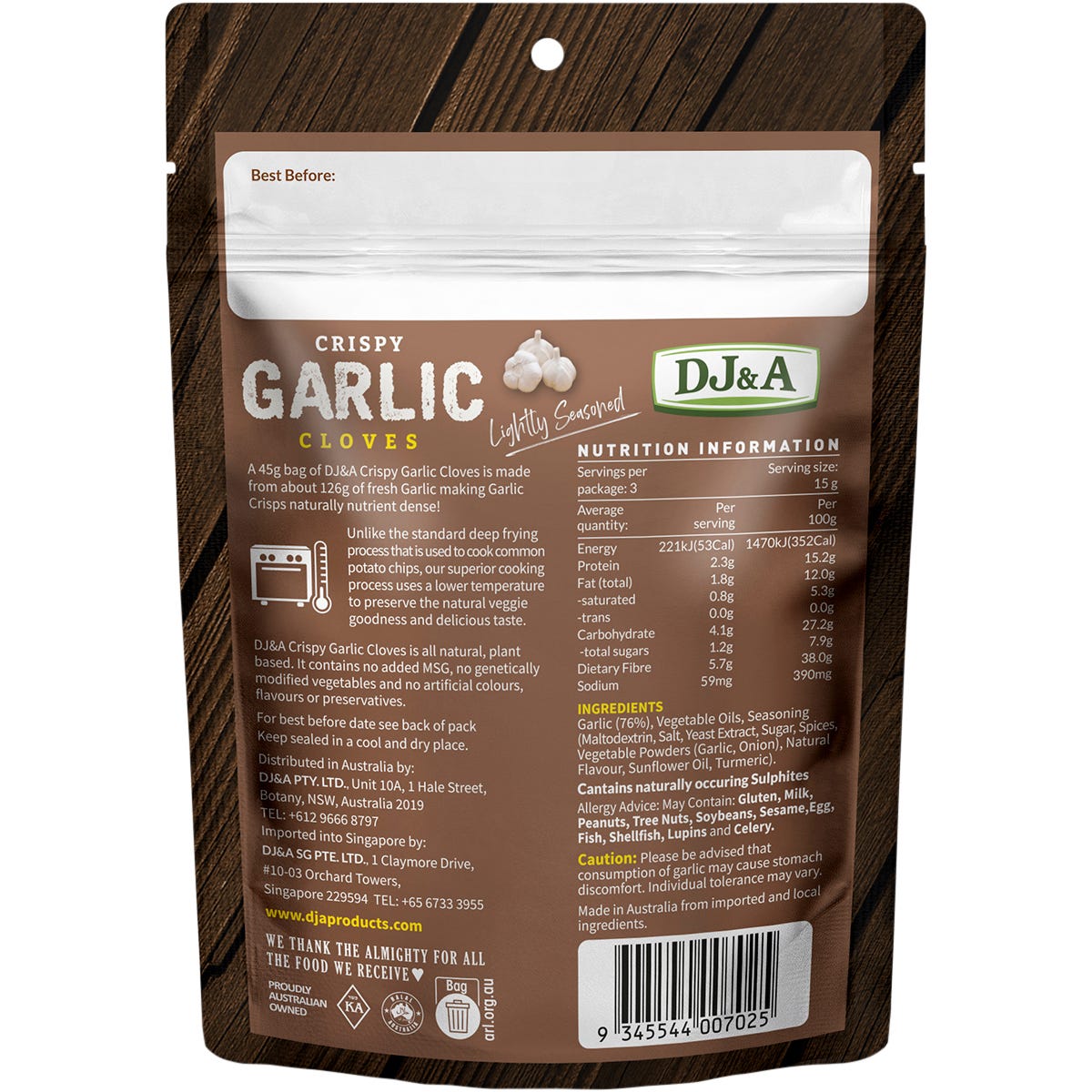 DJ&A Crispy Garlic Cloves 45g bag with a pile of whole roasted garlic cloves on a white background.
