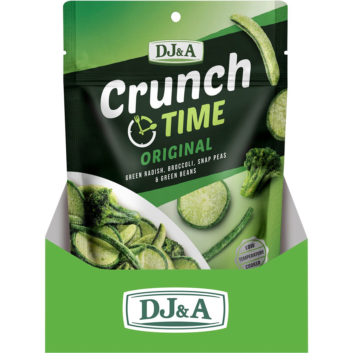 Back of DJ&A Crunch Time Original 50g bag with nutrition facts, ingredients, and plant-based snack details.
