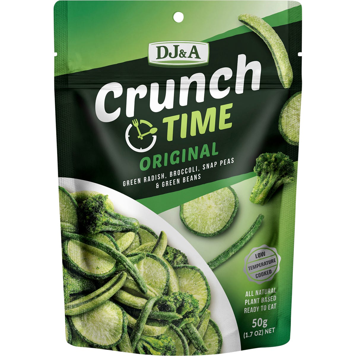 Nine 50g bags of DJ&A Crunch Time Original, a plant-based snack with a crunchy texture.
