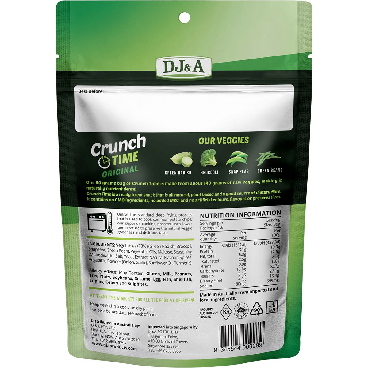 Single 50g bag of DJ&A Crunch Time Original plant-based veggie snack featuring assorted crispy vegetables.