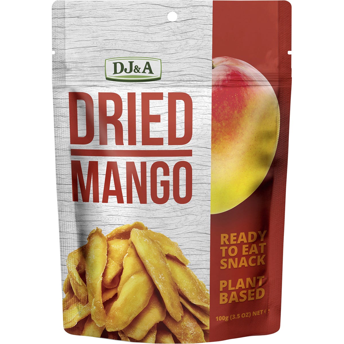 10-pack of DJ&A Dried Mango 100g bags featuring chewy, naturally sweet mango slices on a white background.