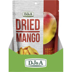 Back of a DJ&A Dried Mango 100g bag showing nutrition facts, ingredients, and product features on a white background.
