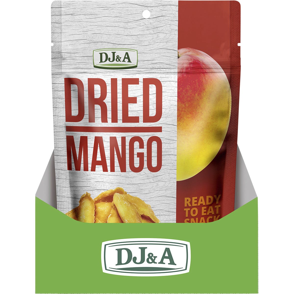 Back of a DJ&A Dried Mango 100g bag showing nutrition facts, ingredients, and product features on a white background.