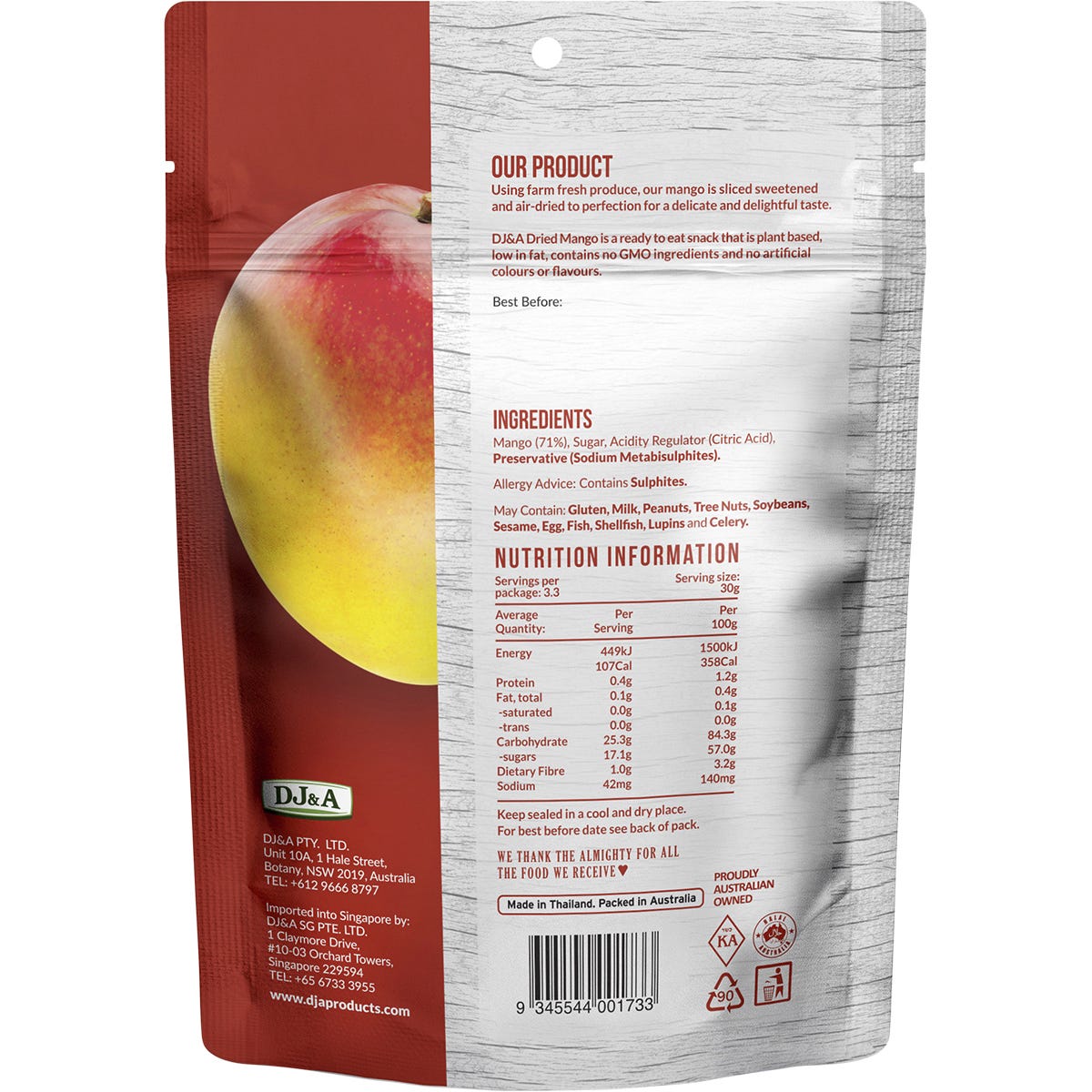 Individual 100g bag of DJ&A Dried Mango slices featuring chewy, naturally sweet fruit on a white background.