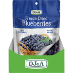 Back of DJ&A Freeze Dried Blueberries 25g pouch with nutrition facts, ingredients, and storage instructions.