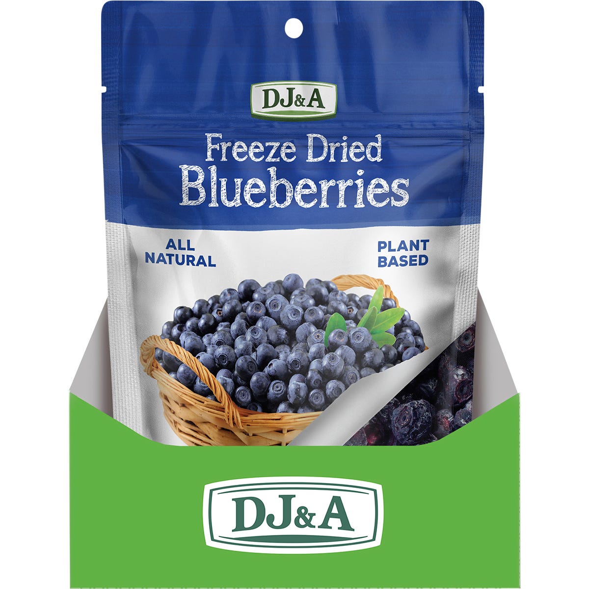 Back of DJ&A Freeze Dried Blueberries 25g pouch with nutrition facts, ingredients, and storage instructions.