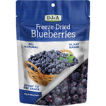 Ten 25g pouches of DJ&A Freeze Dried Blueberries in a purple display box with illustrations of fresh blueberries.