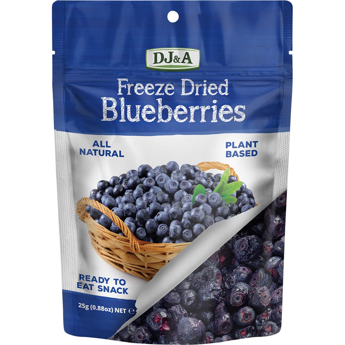 Ten 25g pouches of DJ&A Freeze Dried Blueberries in a purple display box with illustrations of fresh blueberries.