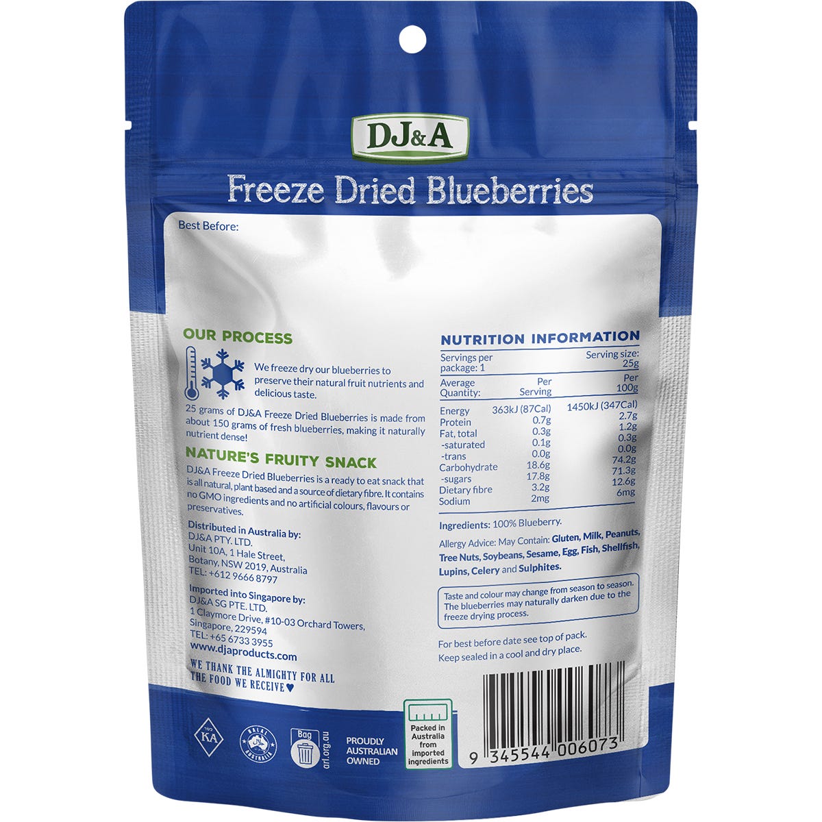 Purple 25g pouch of DJ&A Freeze Dried Blueberries featuring a close-up illustration of fresh, ripe blueberries.