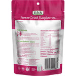 Single red 20g bag of DJ&A Freeze Dried Raspberries with a window showing dried berries on a white background.