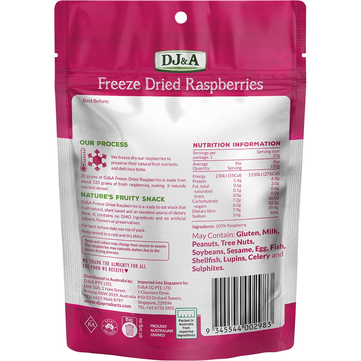 Single red 20g bag of DJ&A Freeze Dried Raspberries with a window showing dried berries on a white background.
