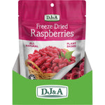 Back of a DJ&A Freeze Dried Raspberries bag showing nutrition facts, ingredients, and product benefits.