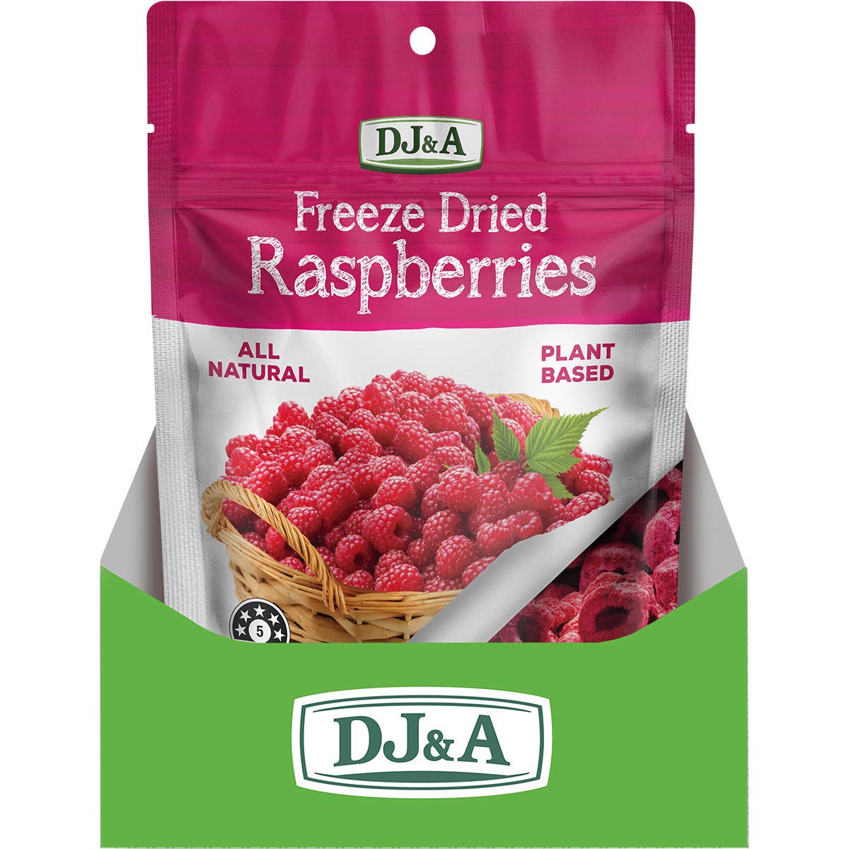 Back of a DJ&A Freeze Dried Raspberries bag showing nutrition facts, ingredients, and product benefits.