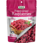 Ten 20g bags of DJ&A Freeze Dried Raspberries featuring a red package with a window showing dried berries.