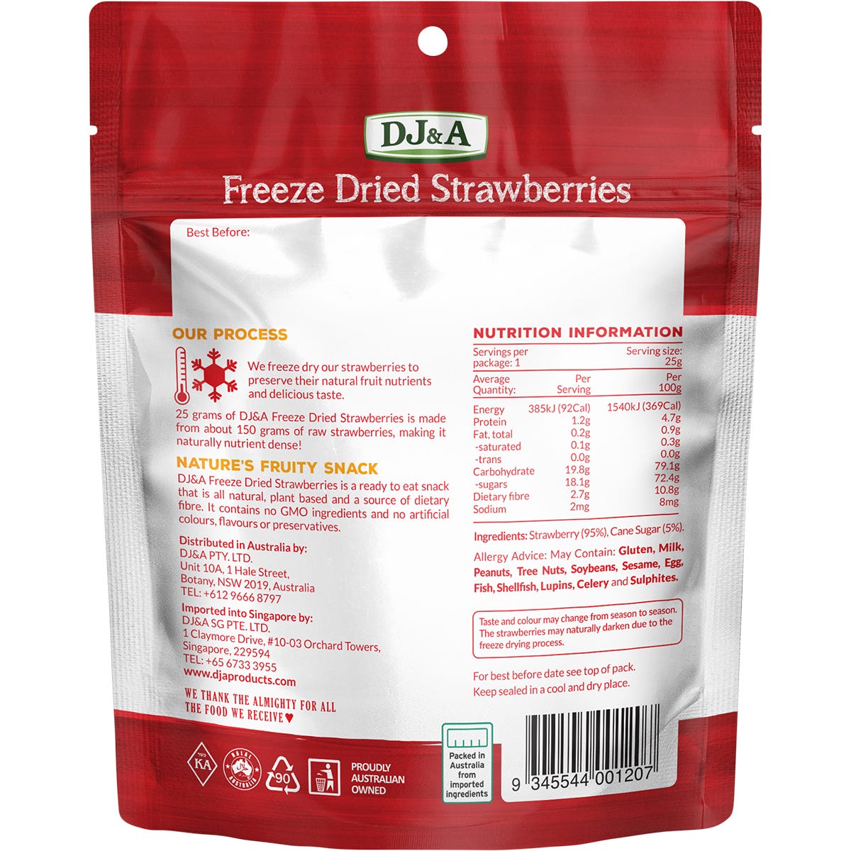 Green and white 25g bag of DJ&A Freeze Dried Strawberries with a large strawberry illustration and "All Natural" label.