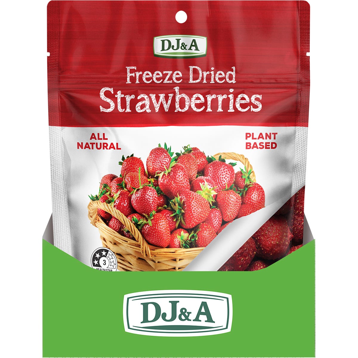 Crunchy freeze-dried strawberry slices and whole pieces scattered on a clean white background.