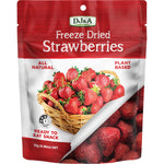 10-pack box of DJ&A Freeze Dried Strawberries 25g featuring a large strawberry illustration on a green and white bag.