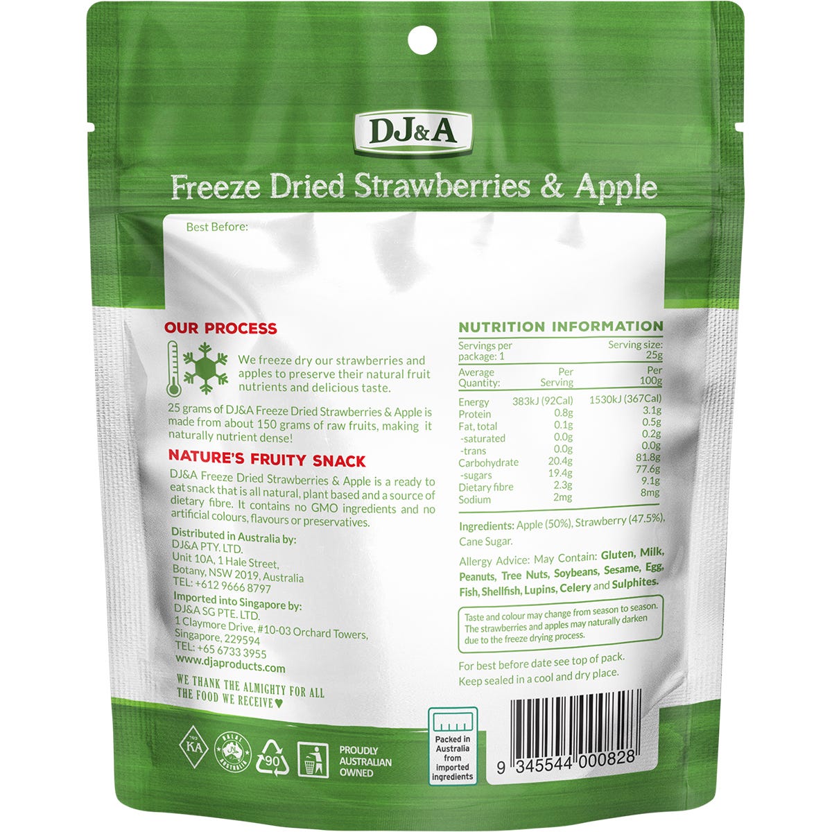DJ&A 25g bag of freeze-dried strawberries and apple slices with fruit illustrations on a white background.