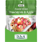 Back of DJ&A Freeze Dried Strawberries & Apple 25g bag with nutrition facts and ingredients on a white background.