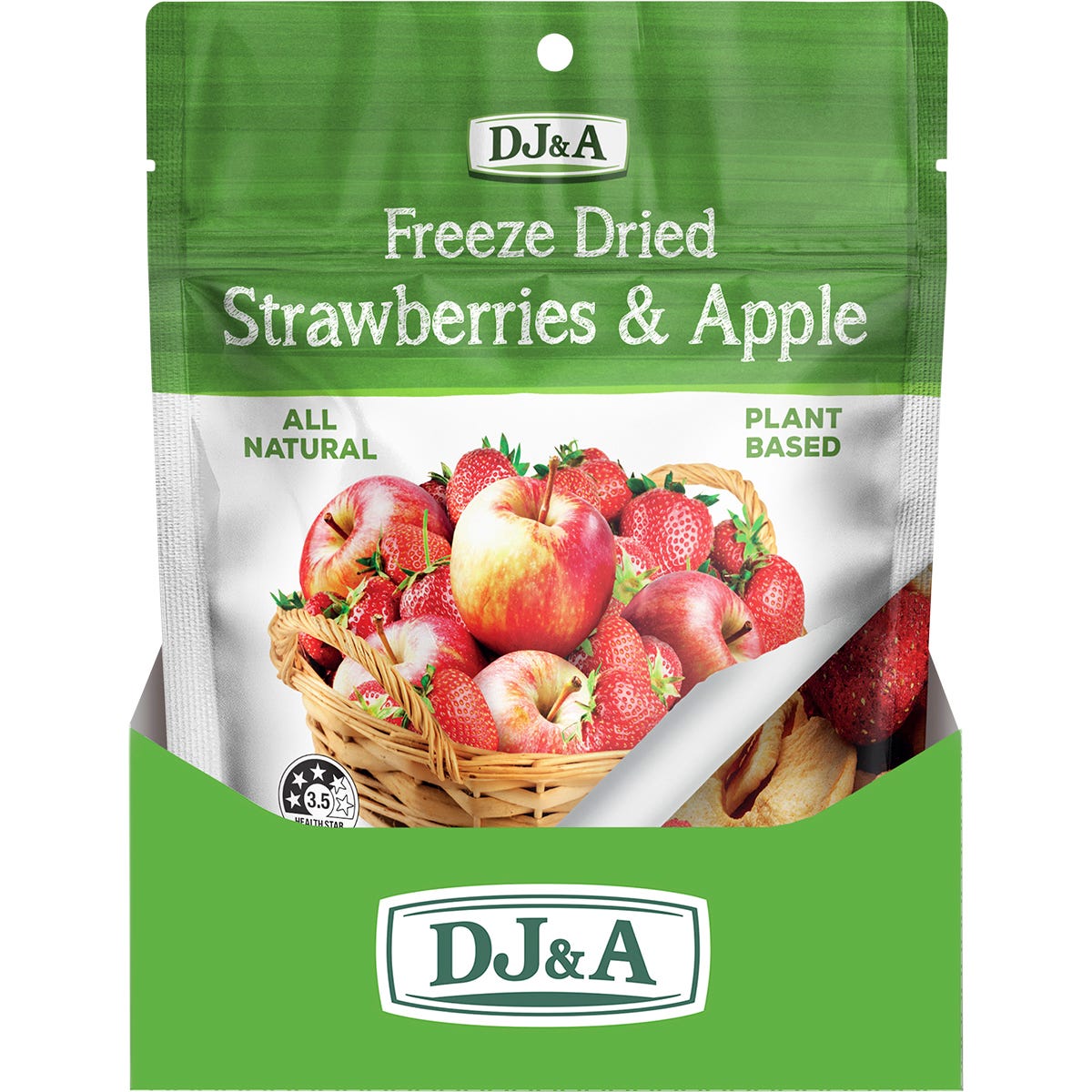 Back of DJ&A Freeze Dried Strawberries & Apple 25g bag with nutrition facts and ingredients on a white background.