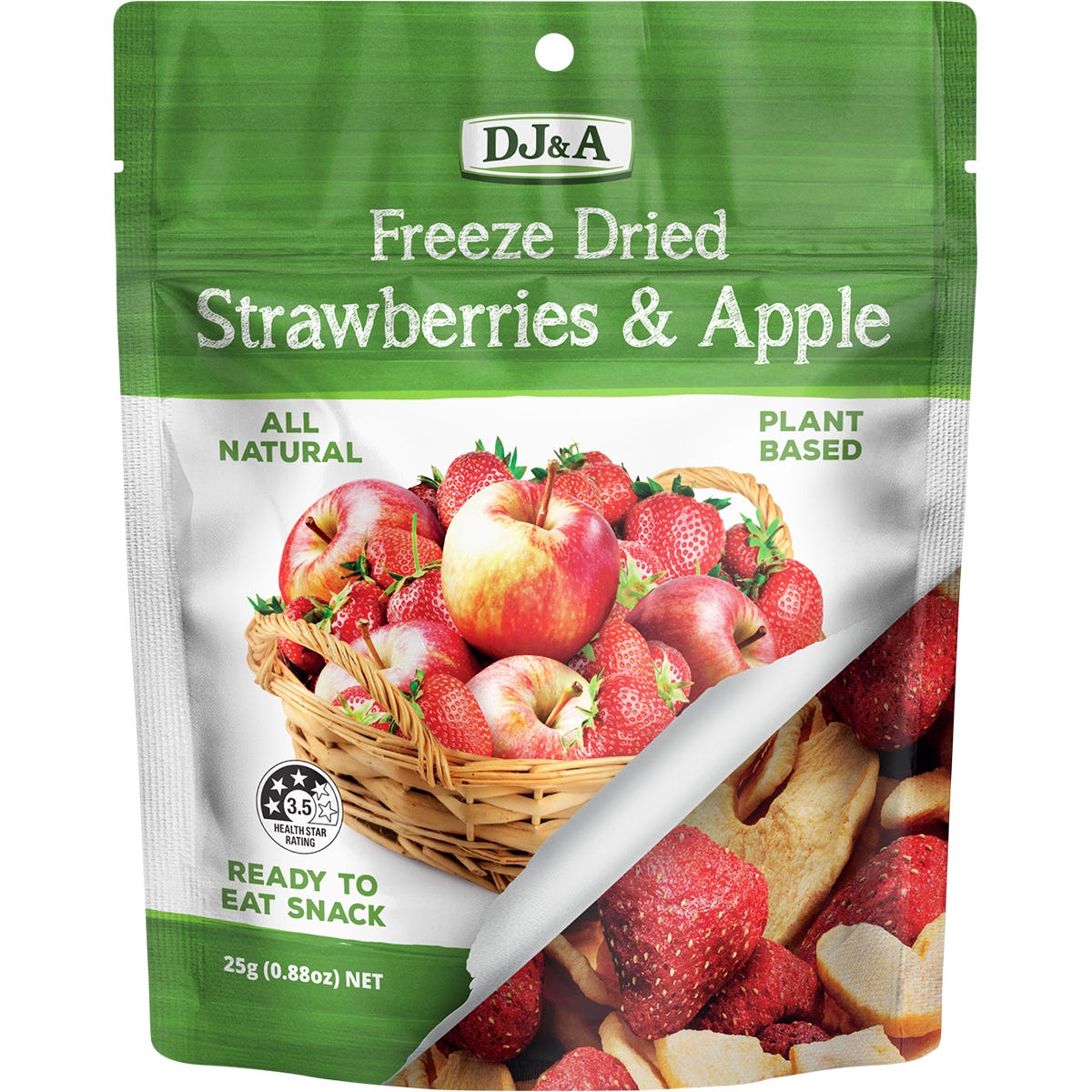10-pack of DJ&A Freeze Dried Strawberries & Apple 25g bags with fruit illustrations on a white background.