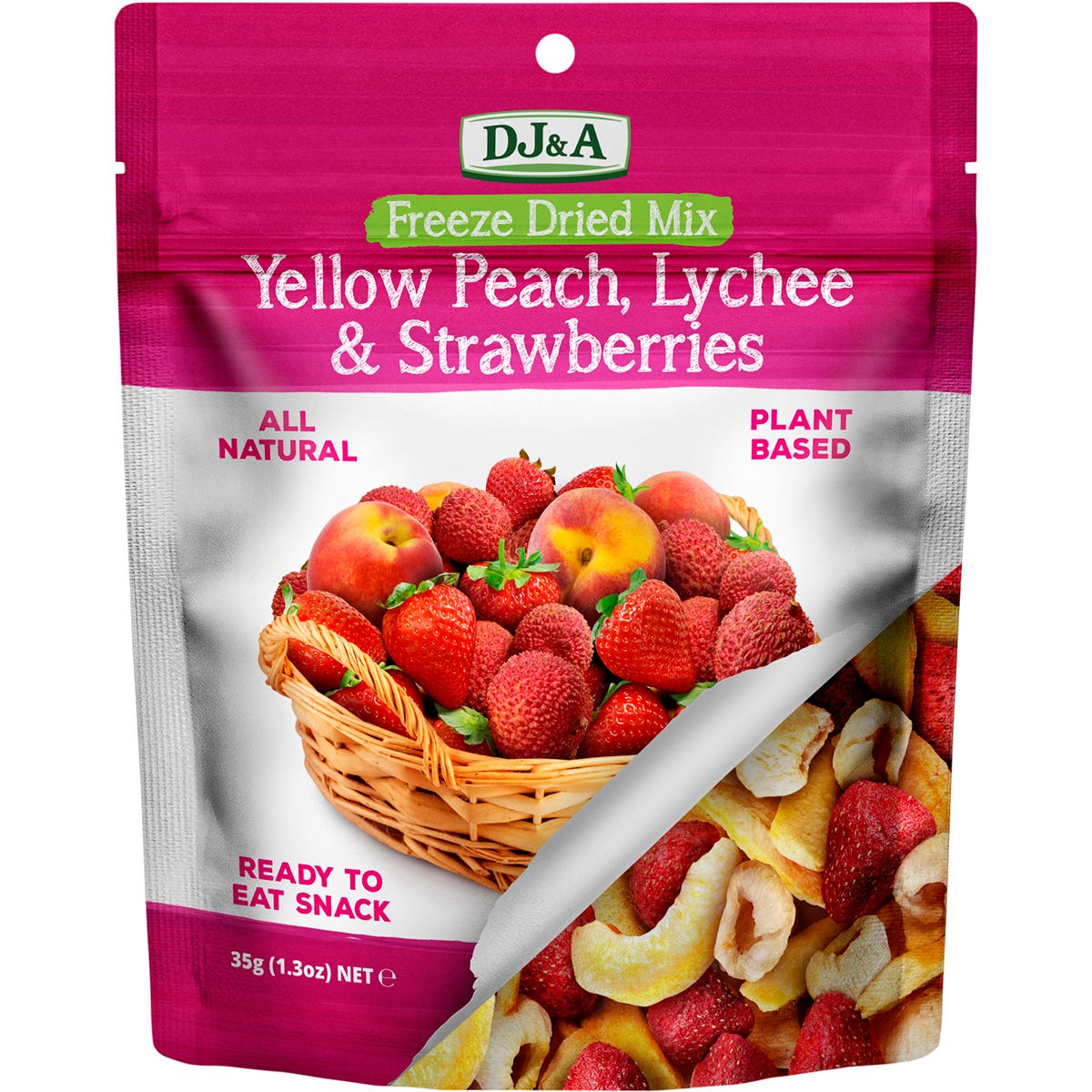 10-pack of DJ&A Freeze Dried Yellow Peach, Lychee & Strawberries in purple 35g bags with fruit illustrations.