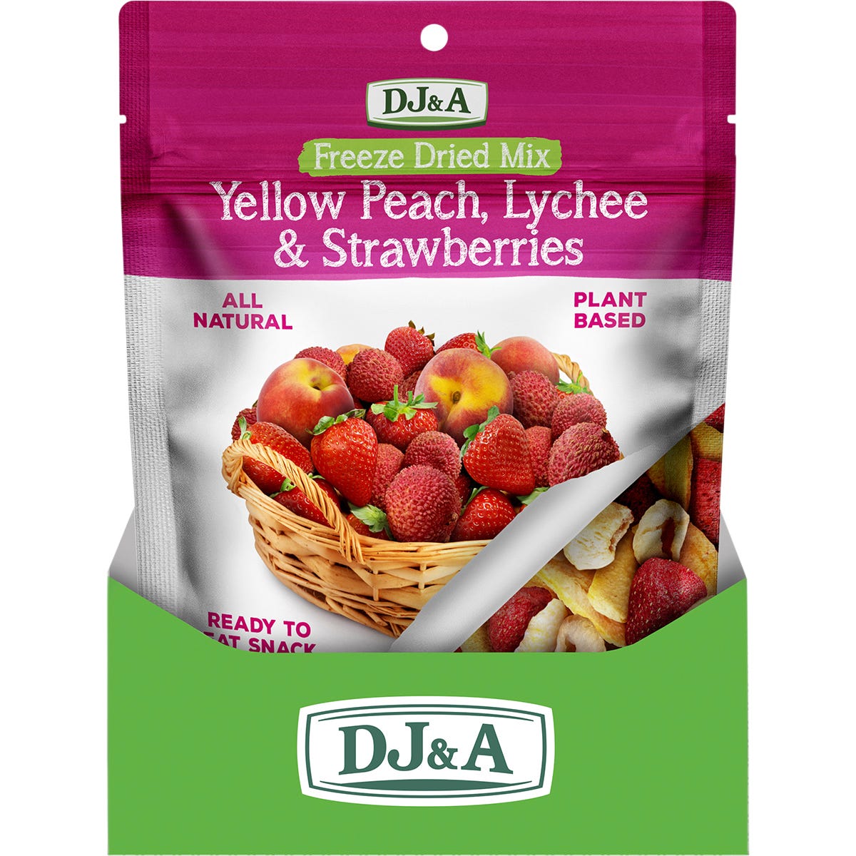 Back of a DJ&A Freeze Dried fruit bag showing ingredients, nutrition facts, and plant-based certifications.