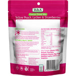 Purple 35g bag of DJ&A Freeze Dried Yellow Peach, Lychee and Strawberries featuring fruit illustrations.
