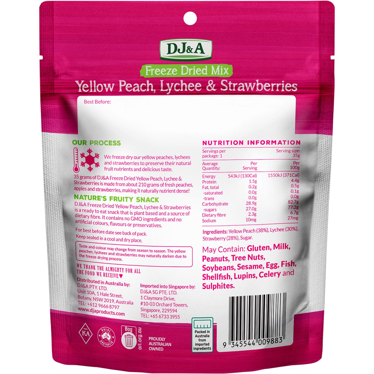 Purple 35g bag of DJ&A Freeze Dried Yellow Peach, Lychee and Strawberries featuring fruit illustrations.