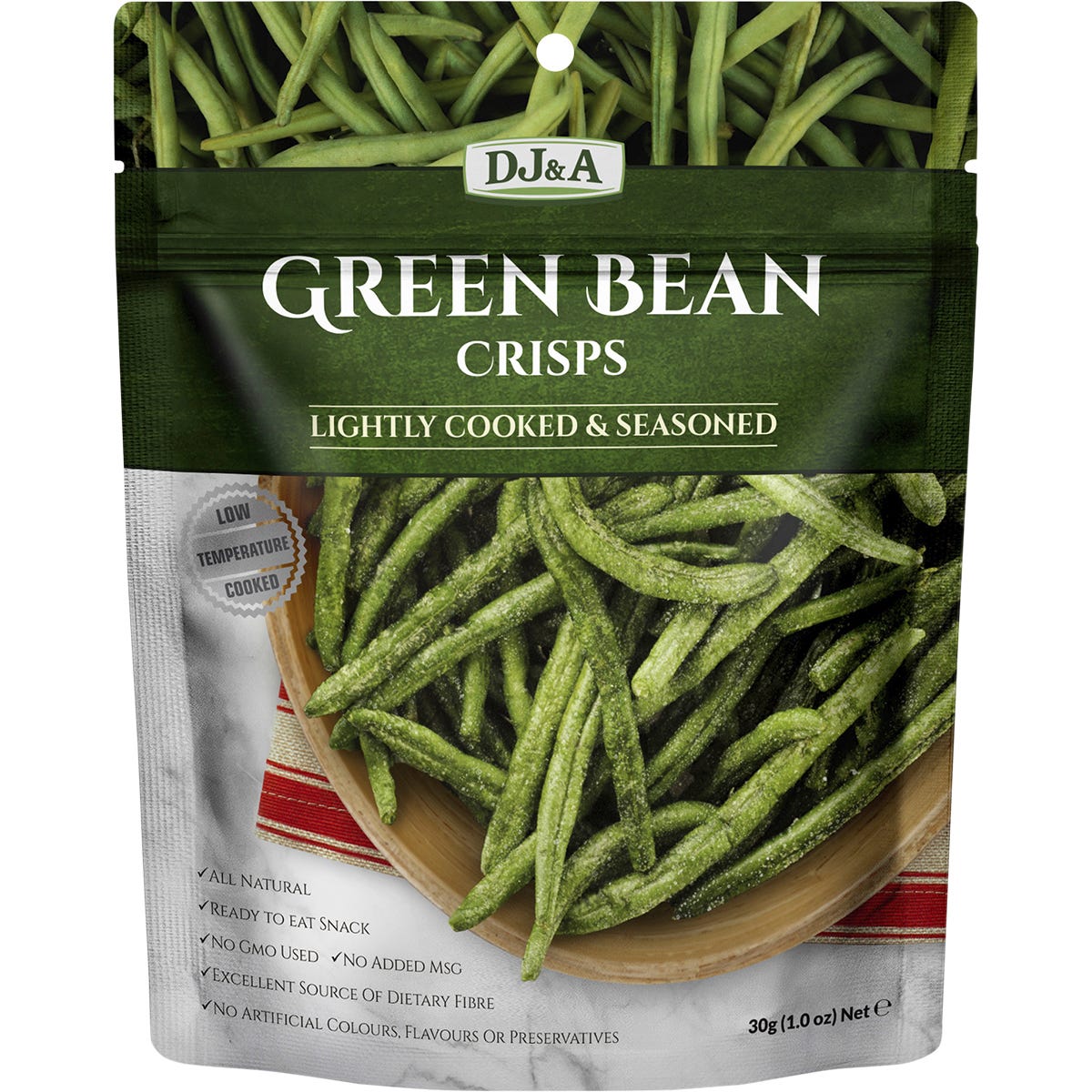 A 10 pack of 30g DJ&A Green Bean Crisps bags against a white background.