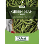 Back of DJ&A Green Bean Crisps 30g bag with nutrition facts, ingredients list, and allergen information.