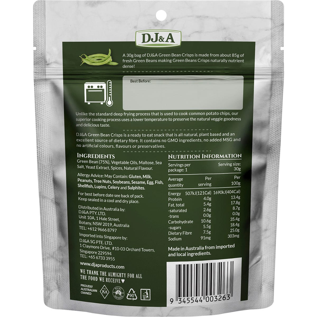 A 30g bag of DJ&A Green Bean Crisps featuring a "Ready to Eat" label and natural green bean imagery.