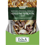 Side view of a DJ&A Mixed Mushroom Crisps 30g bag highlighting all-natural and plant-based features.