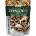 Twelve 30g bags of DJ&A Mixed Mushroom Crisps, a plant-based snack featuring shiitake, oyster, and nameko mushrooms.