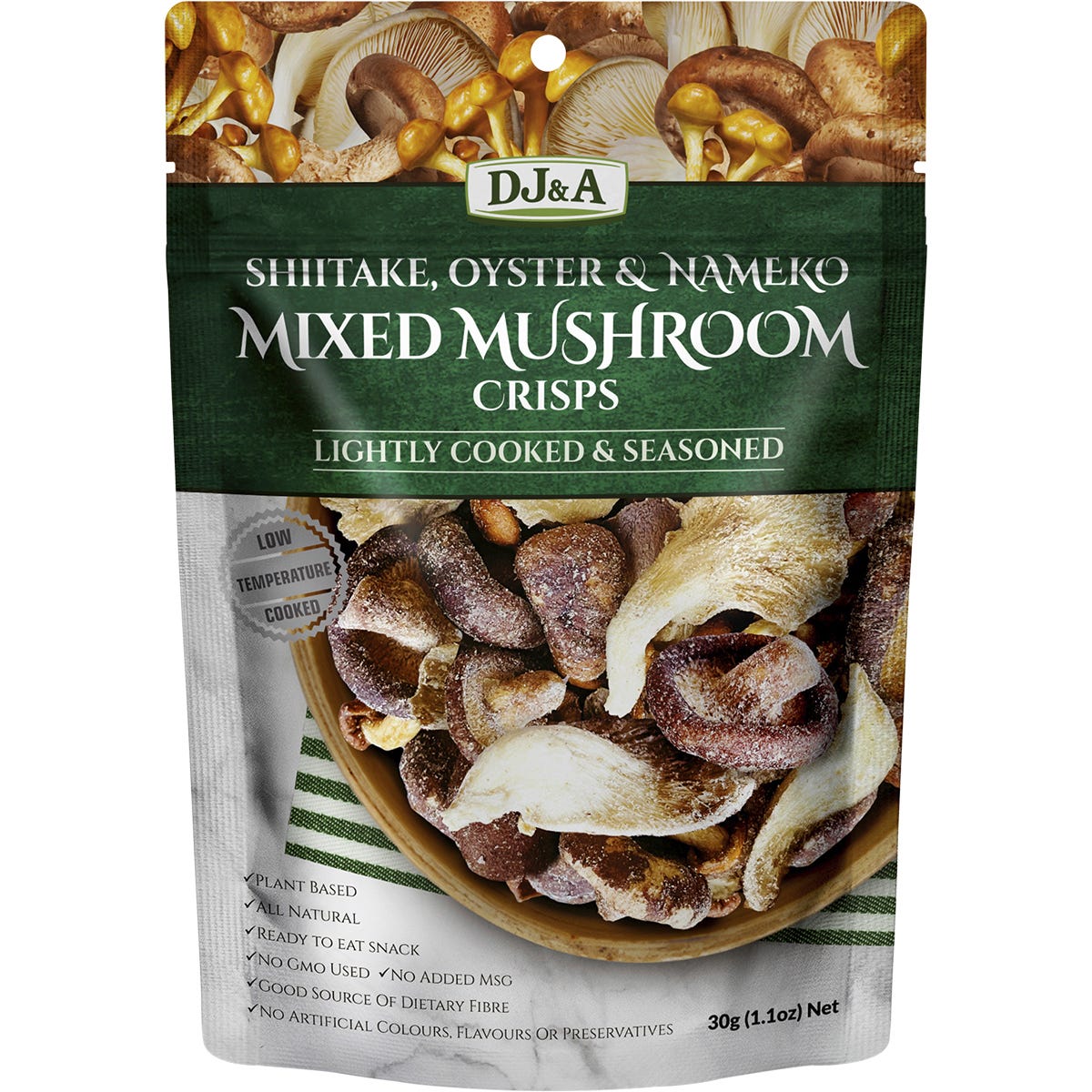 Twelve 30g bags of DJ&A Mixed Mushroom Crisps, a plant-based snack featuring shiitake, oyster, and nameko mushrooms.