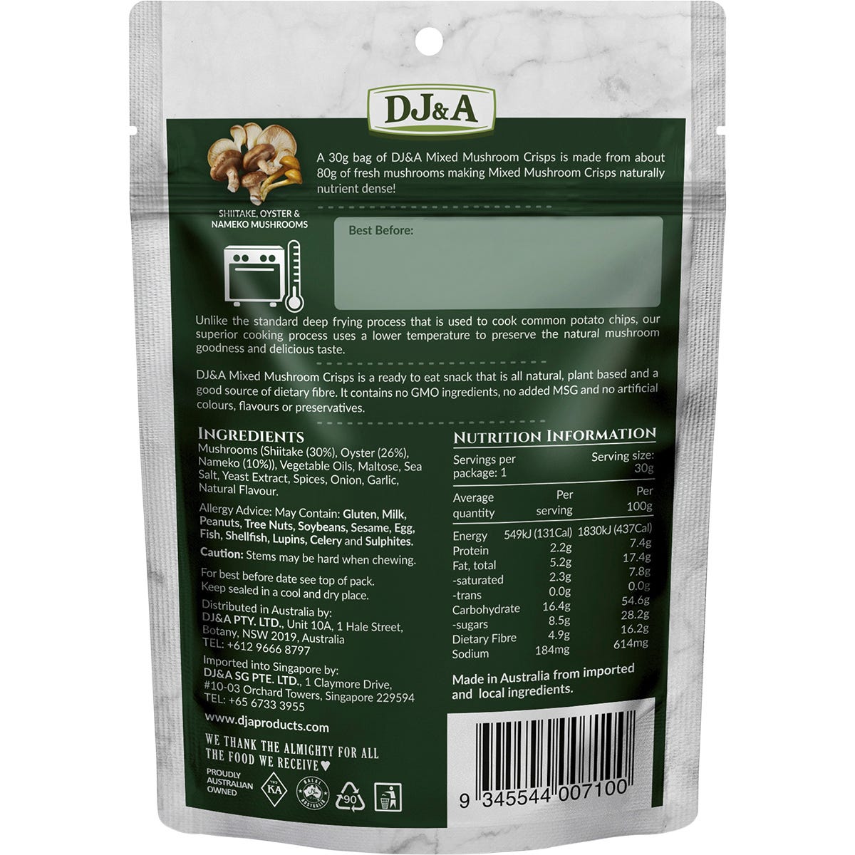 DJ&A Mixed Mushroom Crisps 30g bag showing shiitake, oyster, and nameko mushrooms on a white background.