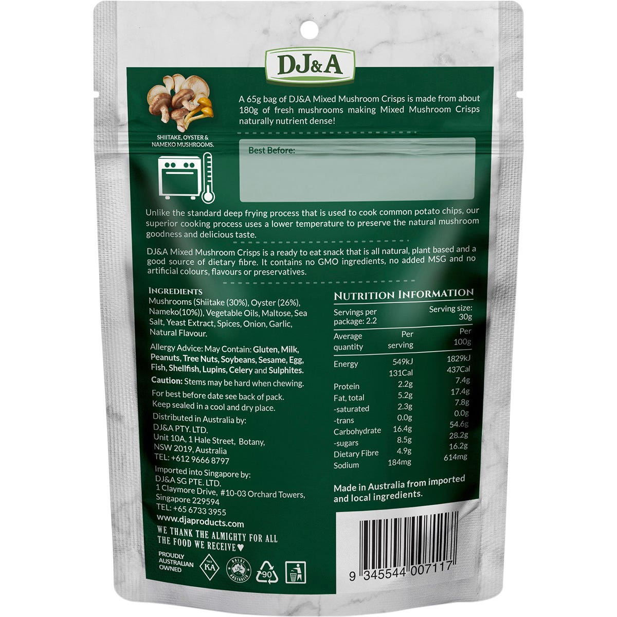 65g bag of DJ&A Mixed Mushroom Crisps featuring images of shiitake, oyster, and nameko mushrooms.
