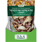 Back of DJ&A Mixed Mushroom Crisps 65g bag showing nutrition facts, ingredients, and product benefits.