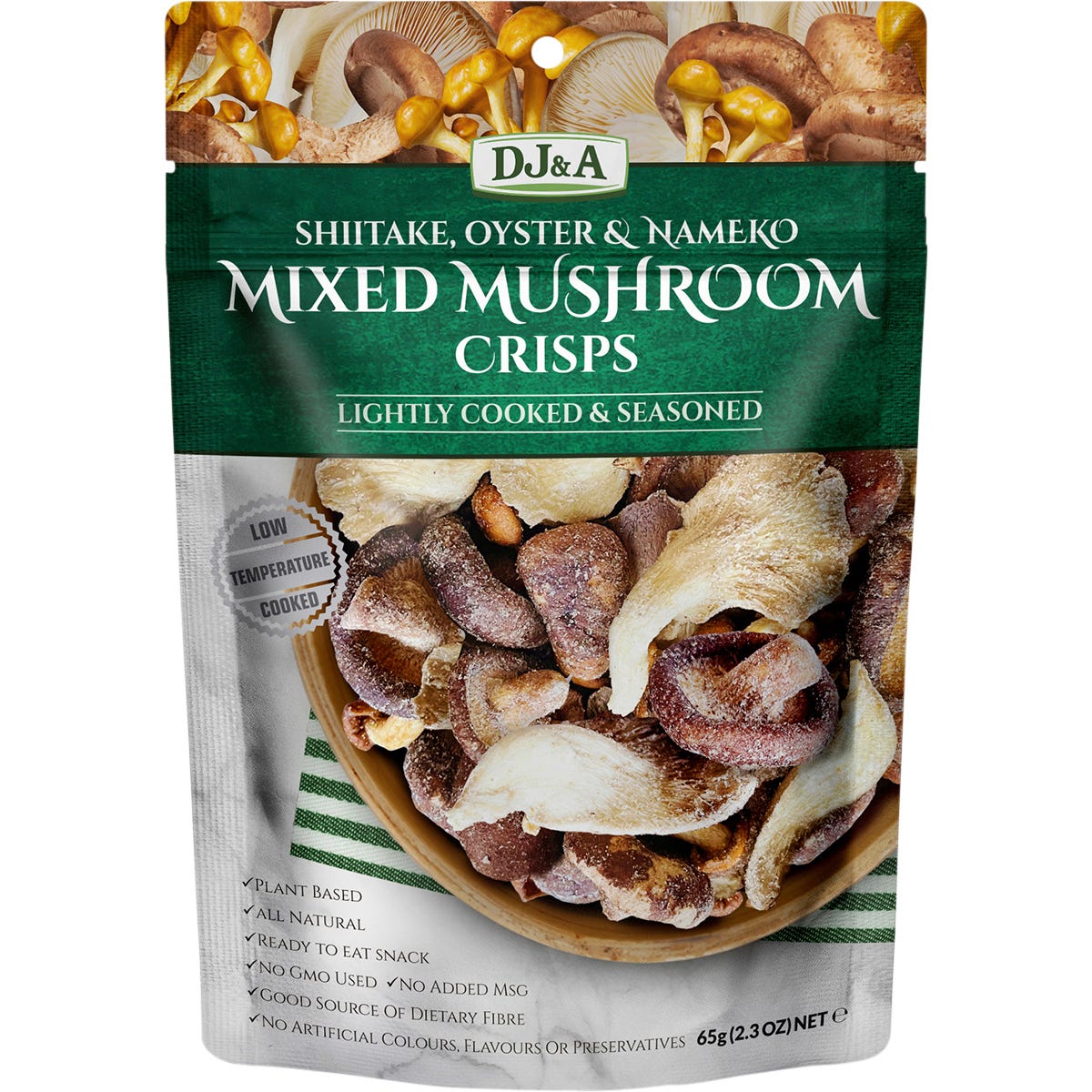 9-pack of 65g DJ&A Mixed Mushroom Crisps featuring shiitake, oyster, and nameko mushrooms.