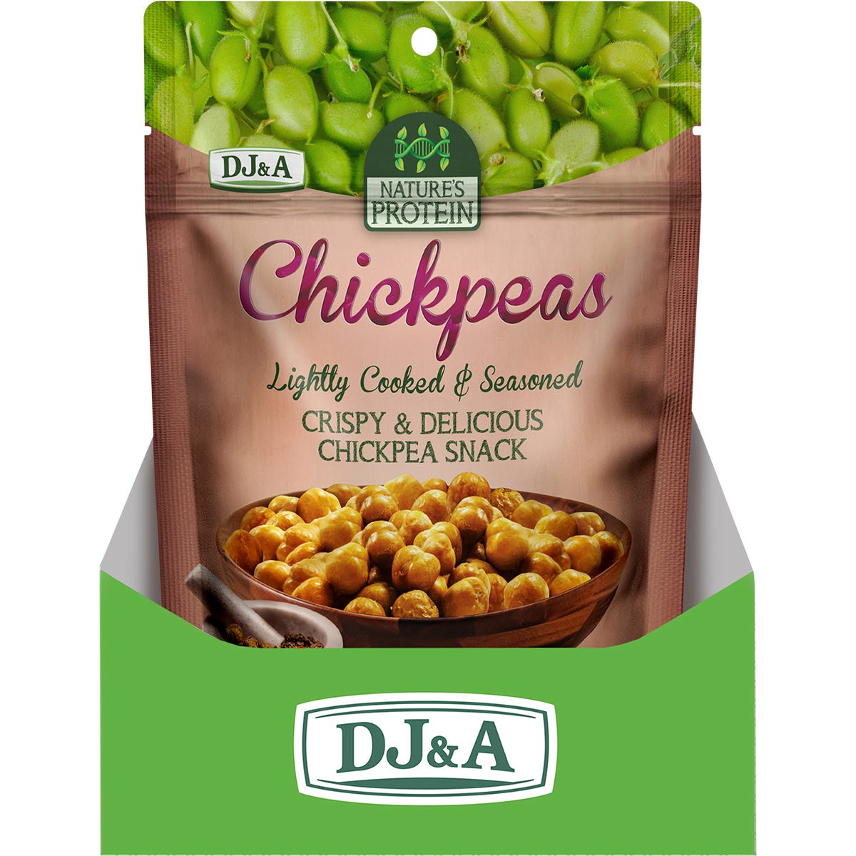 Side view of a 100g DJ&A Nature's Protein Chickpeas bag showing product highlights and a "Vegan Friendly" logo.