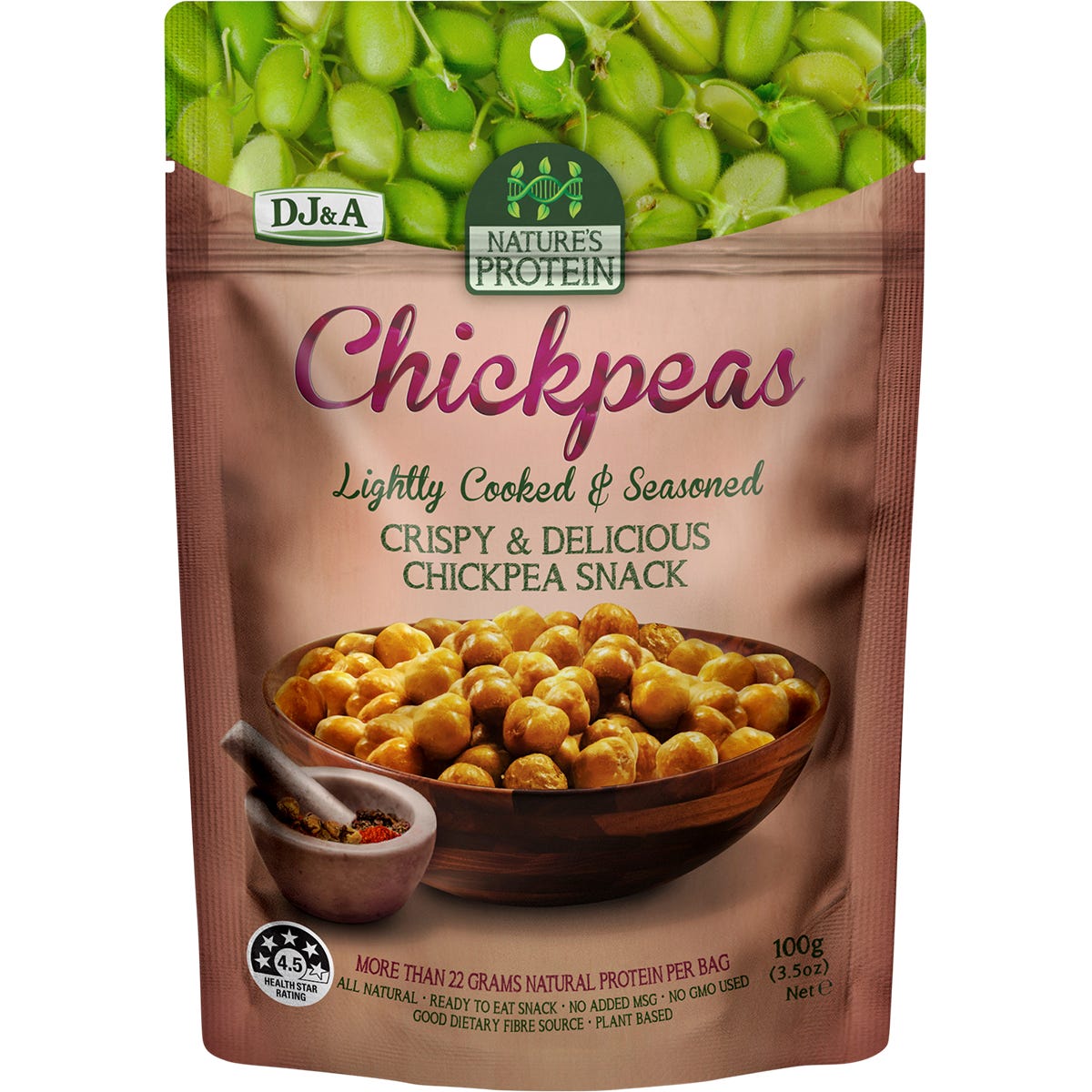 A 100g bag of DJ&A Nature's Protein Chickpeas, a plant-based, crunchy snack, on a white background.