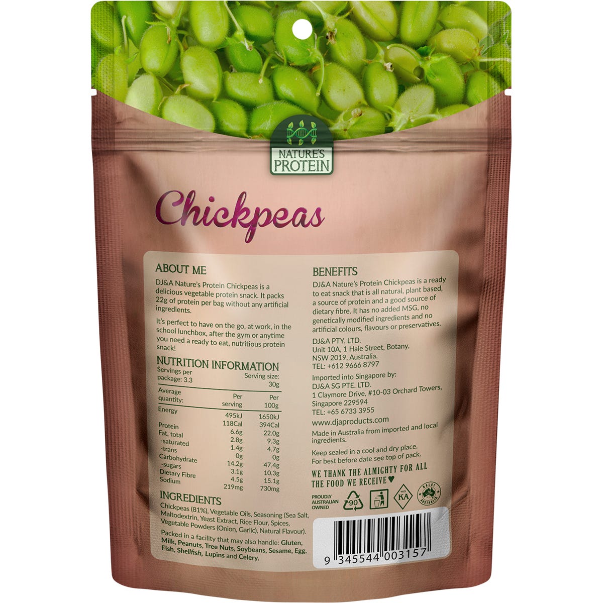 Back of DJ&A Nature's Protein Chickpeas 100g bag showing nutritional information and ingredients.