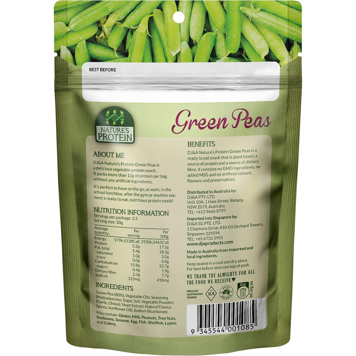 A 75g bag of DJ&A Nature's Protein Green Peas showing a bowl of roasted peas and botanical leaf designs.