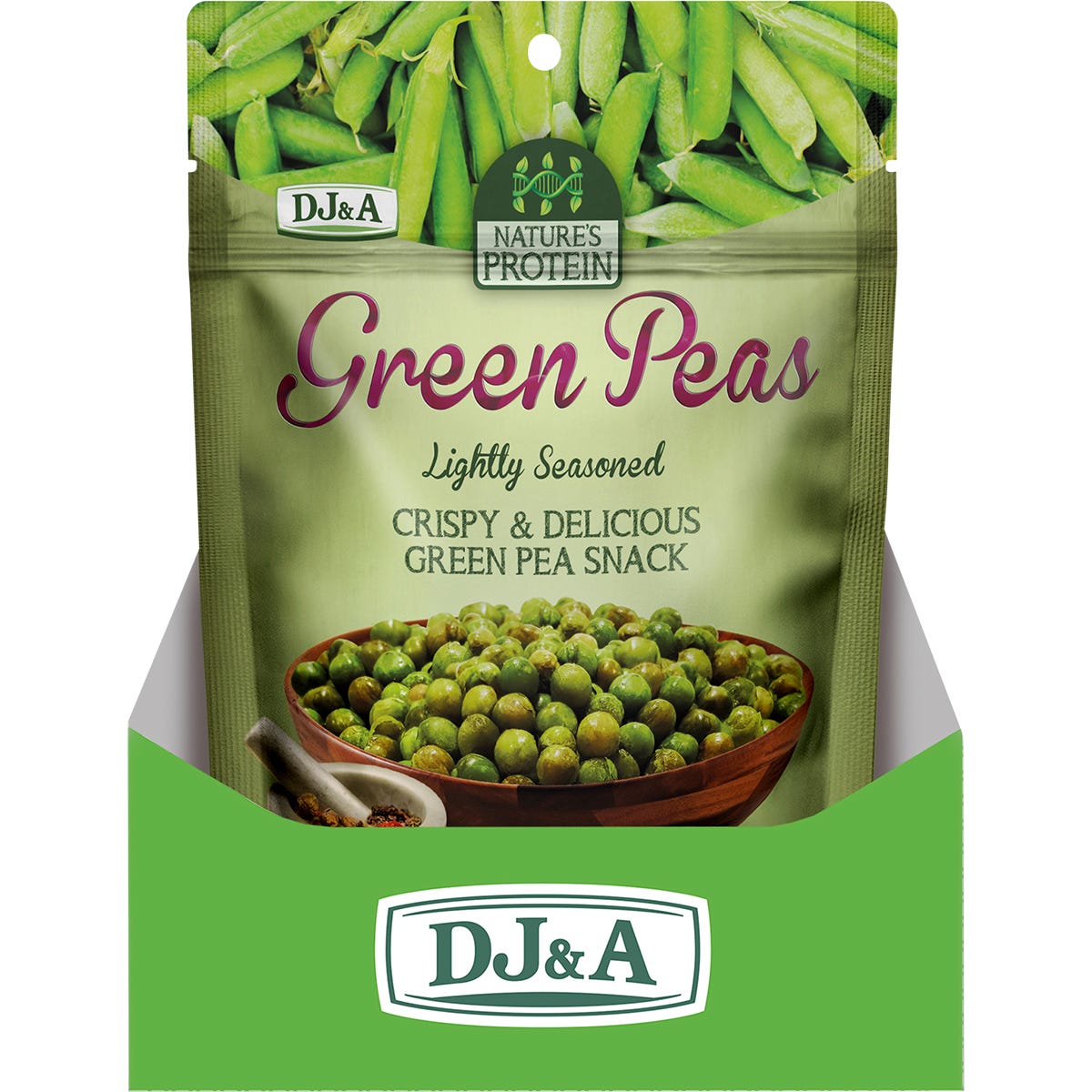 Side view of a 75g DJ&A Nature's Protein Green Peas bag highlighting protein content and a botanical leaf design.