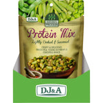 Back of DJ&A Nature's Protein Mix bag showing nutrition facts, ingredients, and plant-based snack benefits.