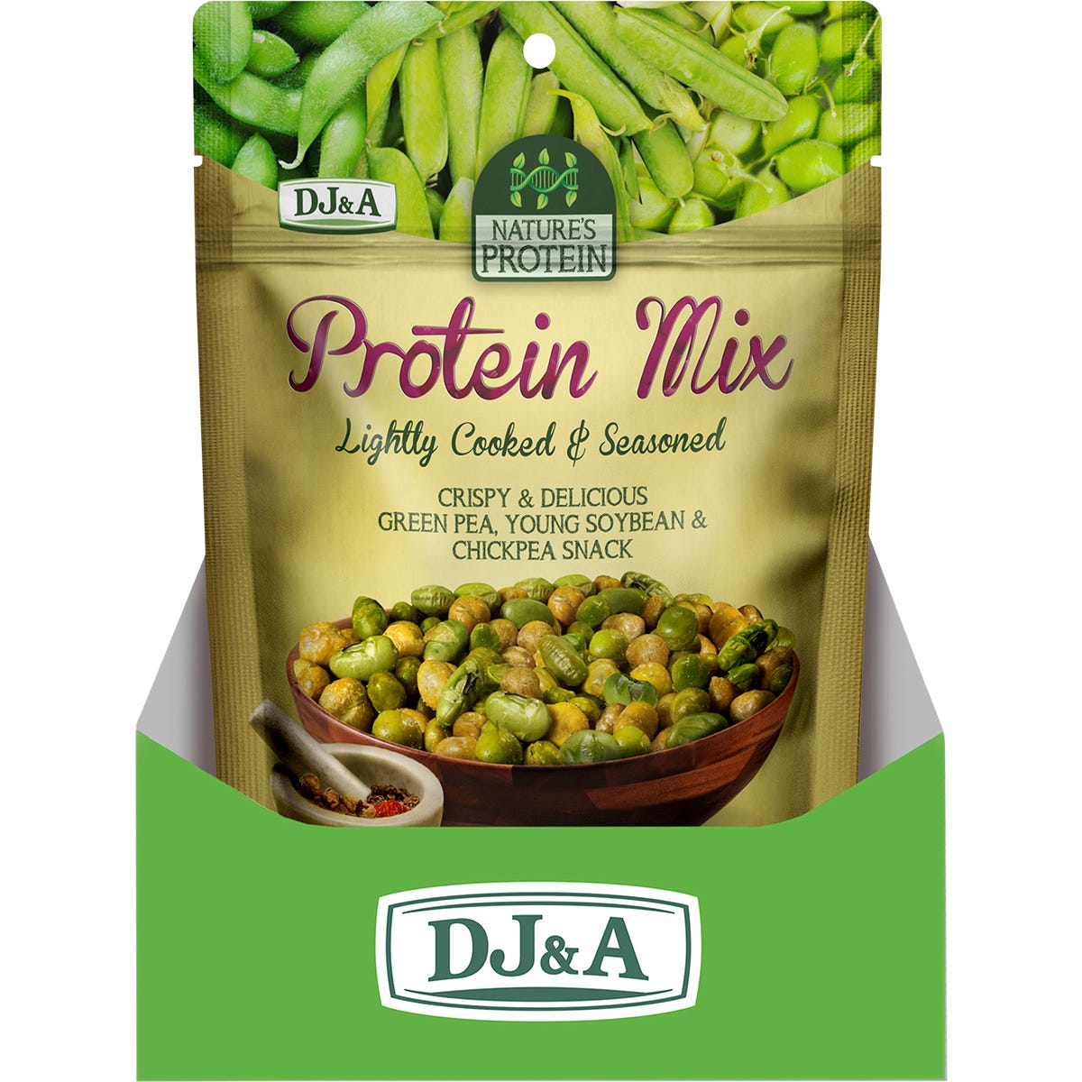 Back of DJ&A Nature's Protein Mix bag showing nutrition facts, ingredients, and plant-based snack benefits.